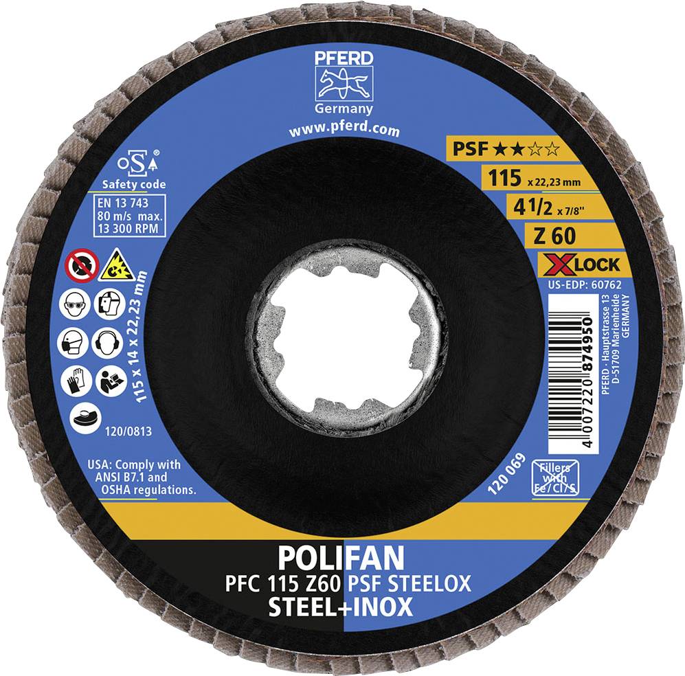 Disco abrasivo 'Polifan PSF' del marchio PFERD con attacco X-Lock. Diametro: 115 mm, spessore: 7 mm, adatto per acciaio e acciaio inossidabile.