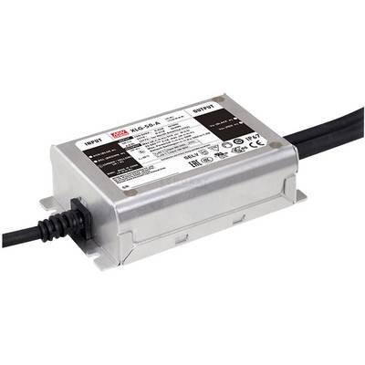 Alimentatore LED argentato con connessioni via cavo, tipo HLG-50-A, etichetta del marchio e specifiche tecniche sulla parte superiore.