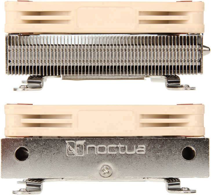 Noctua NH-L9i, dissipatore per CPU, mostra un design compatto con ventola e alette di raffreddamento per una dissipazione efficiente del calore in case di dimensioni ridotte.