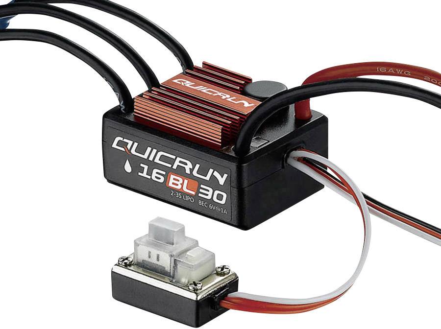 Regolatore per modellismo 'QuicRun 16BL30', nero-rosso, con diversi cavi. Mostra l'unità di controllo con alette di raffreddamento e interruttore.