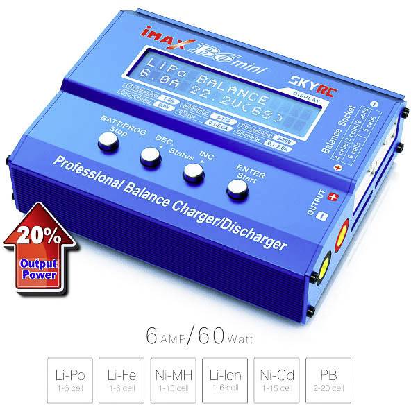 Caricabatterie blu con display che mostra 'LiPo BALANCE'. Grafica con '20% Potenza di Uscita'. In basso tipi di batterie: Li-Po, Li-Fe, Ni-MH, Li-ion, Ni-Cd, PB.