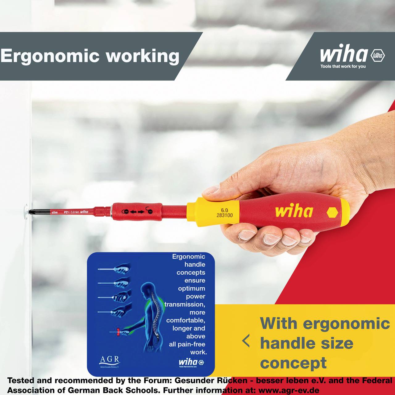 Una persona utilizza un cacciavite ergonomico Wiha che offre una manipolazione comoda con un minimo sforzo.