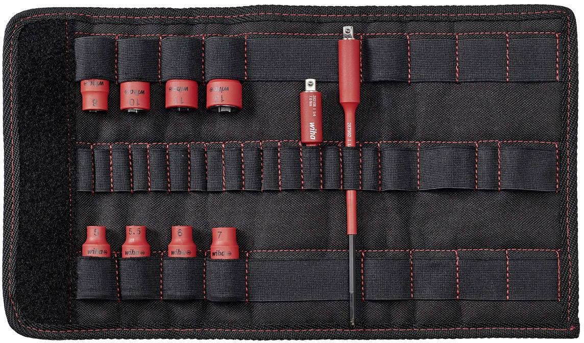 Set di utensili con inserti numerati in rosso e impugnatura in una custodia nera pieghevole. Contiene misure da 5 a 11 mm.