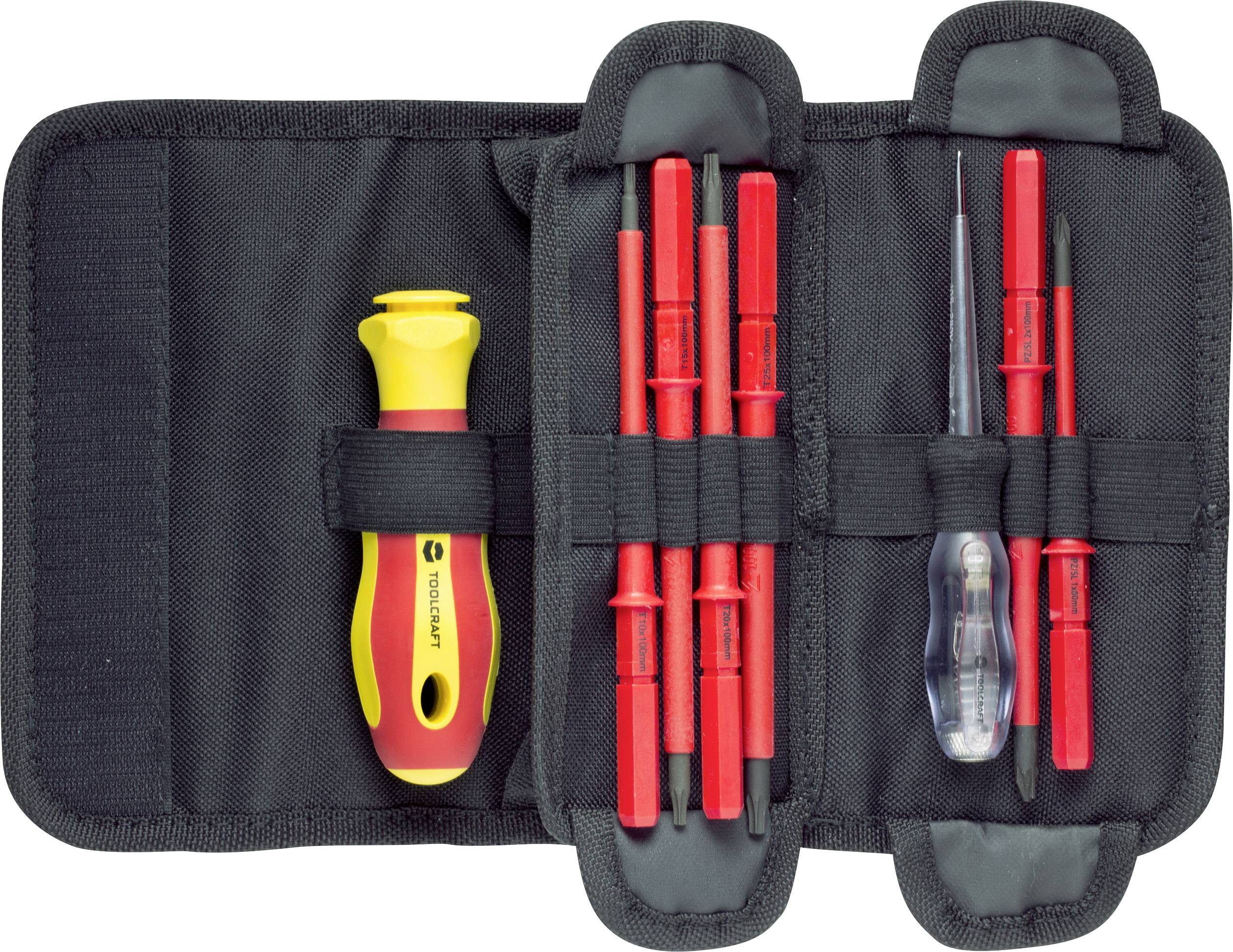 Un astuccio degli attrezzi aperto con un cacciavite giallo, diversi inserti rossi e un utensile trasparente.