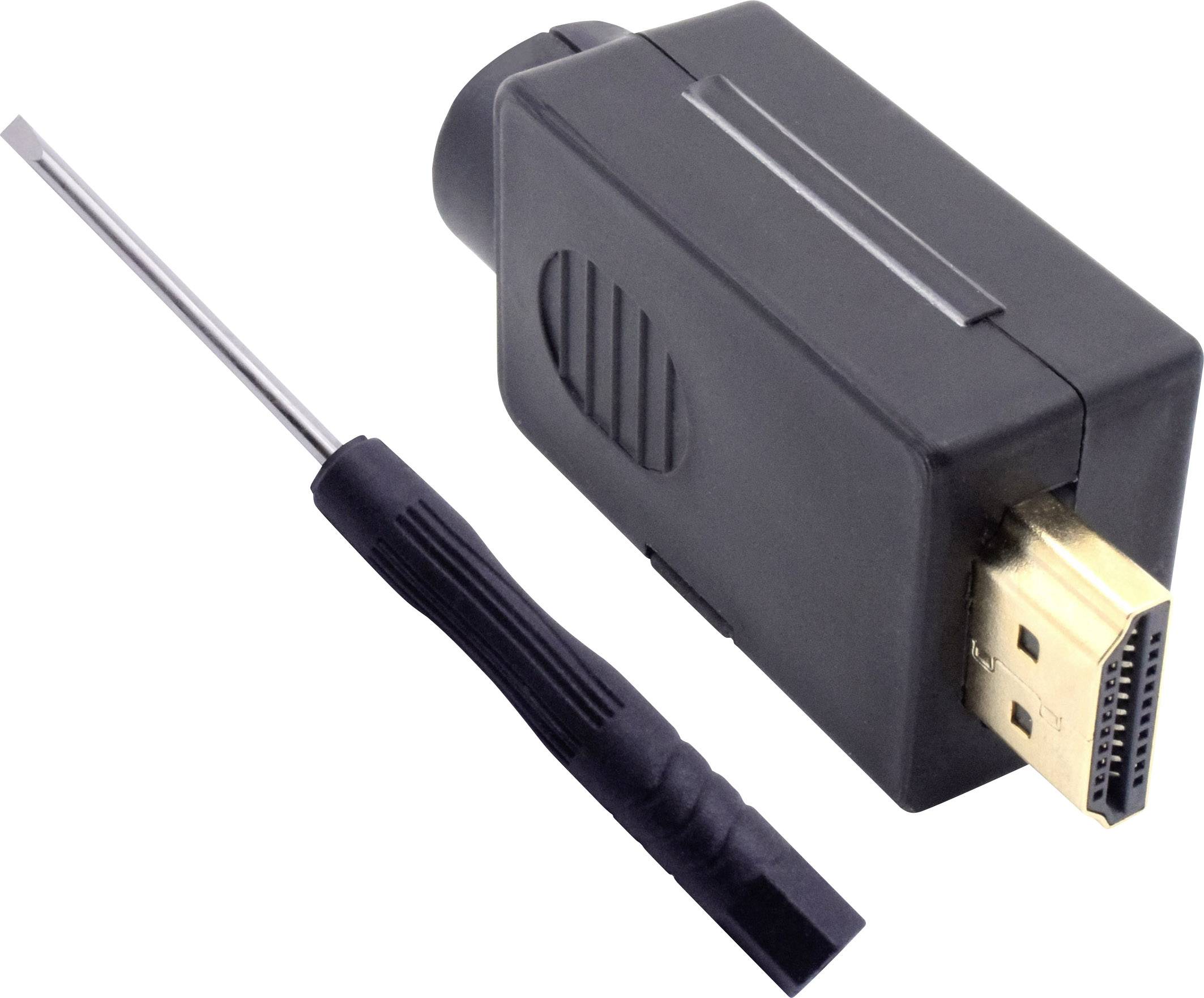 Un adattatore HDMI nero con un piccolo cacciavite accanto. L'adattatore ha un'estremità con connettore HDMI e una forma del corpo ampia.