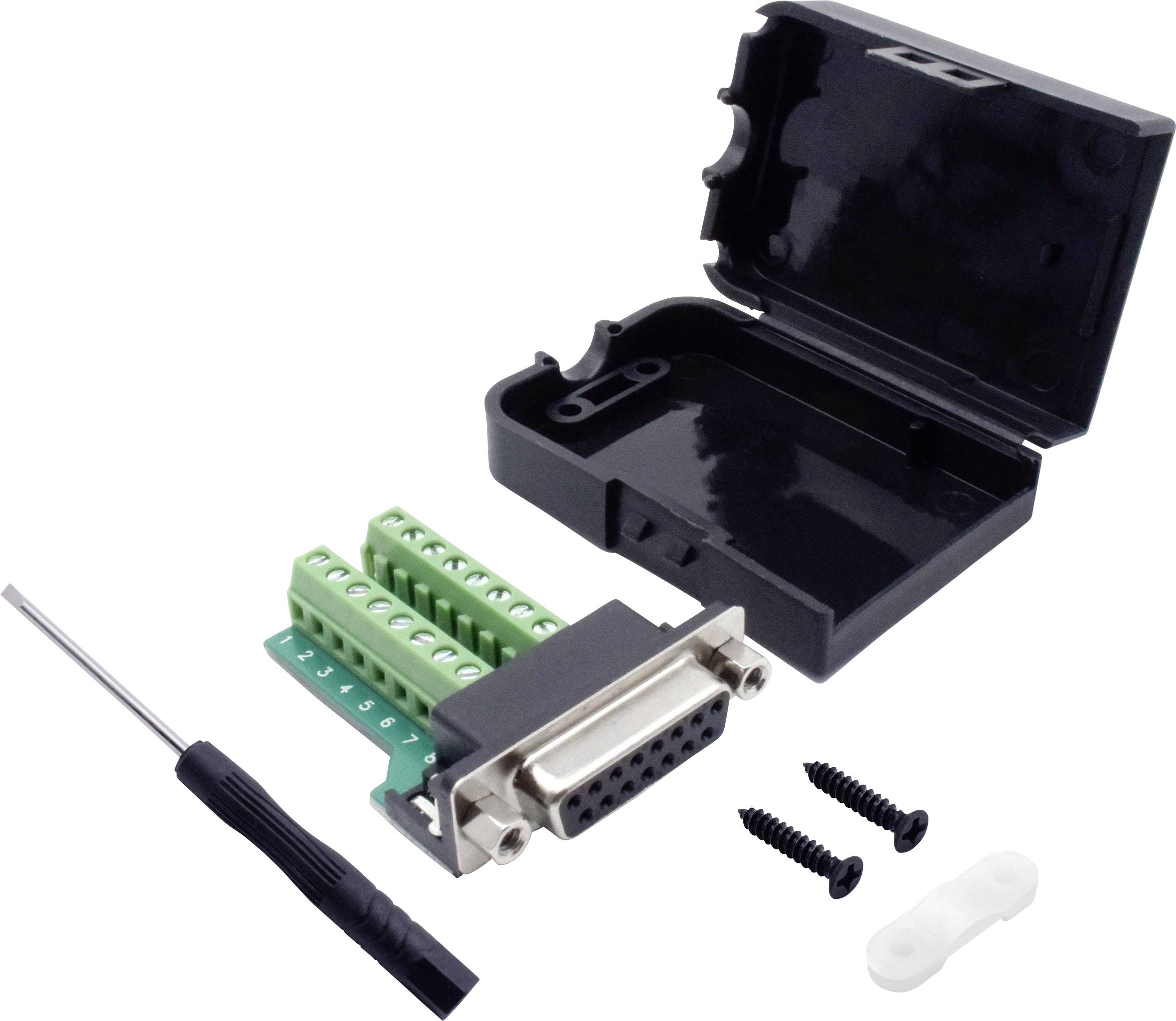 Adattatore morsetti per connettore DB9 con involucro nero aperto, blocco terminali verde e tre viti, oltre a un piccolo cacciavite.