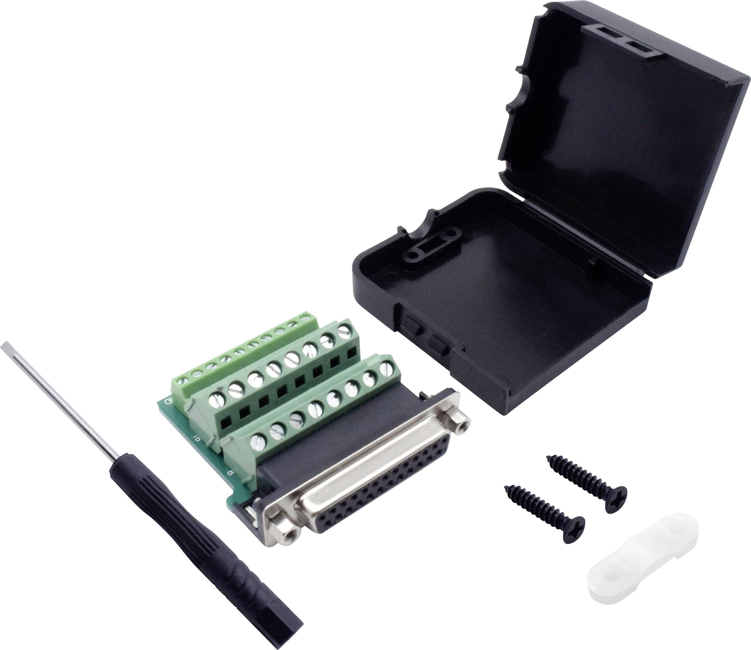 Un adattatore DB25 con morsettiera, accanto a un cacciavite, due viti e un involucro nero.
