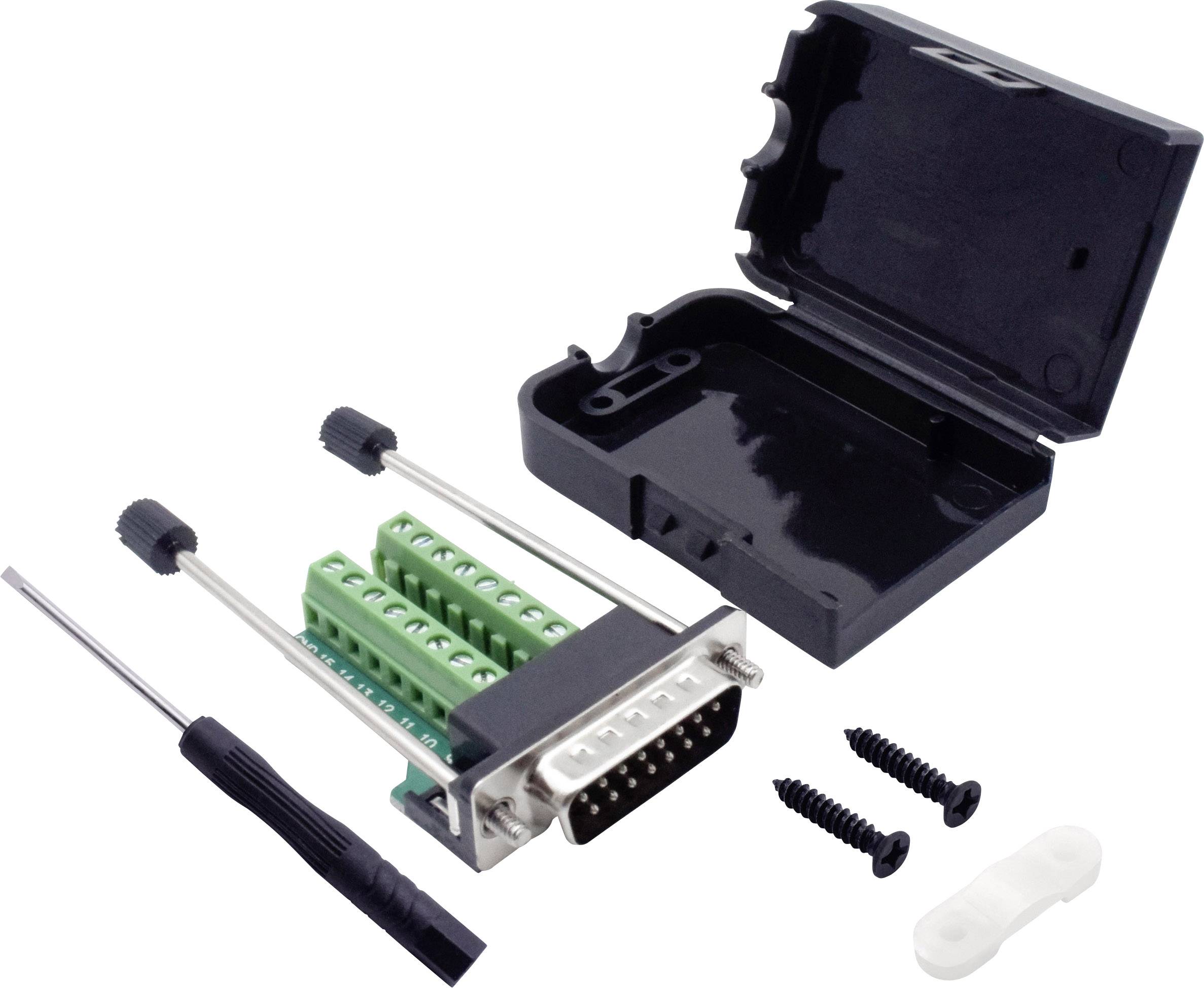 Un connettore D-Sub a 15 pin aperto con custodia in plastica, due cacciaviti, due viti e un supporto bianco.
