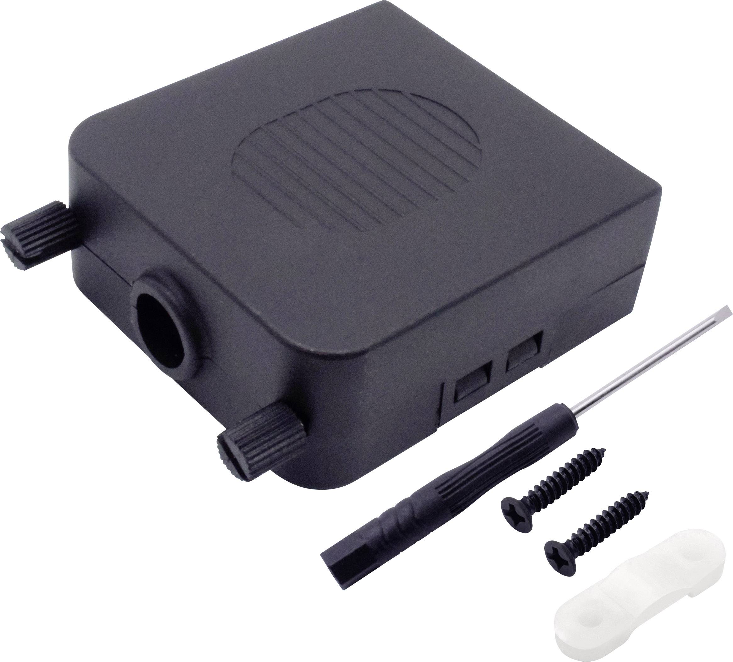 Componente elettronica nera con due connettori, cacciavite, due viti e un piccolo pezzo bianco, probabilmente un accessorio.