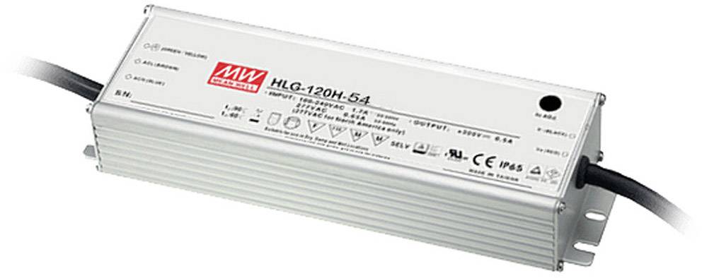 Modulo di alimentazione con scritta 'HLG-120H-54' e specifiche tecniche. Forma rettangolare con cavi di connessione su entrambe le estremità.