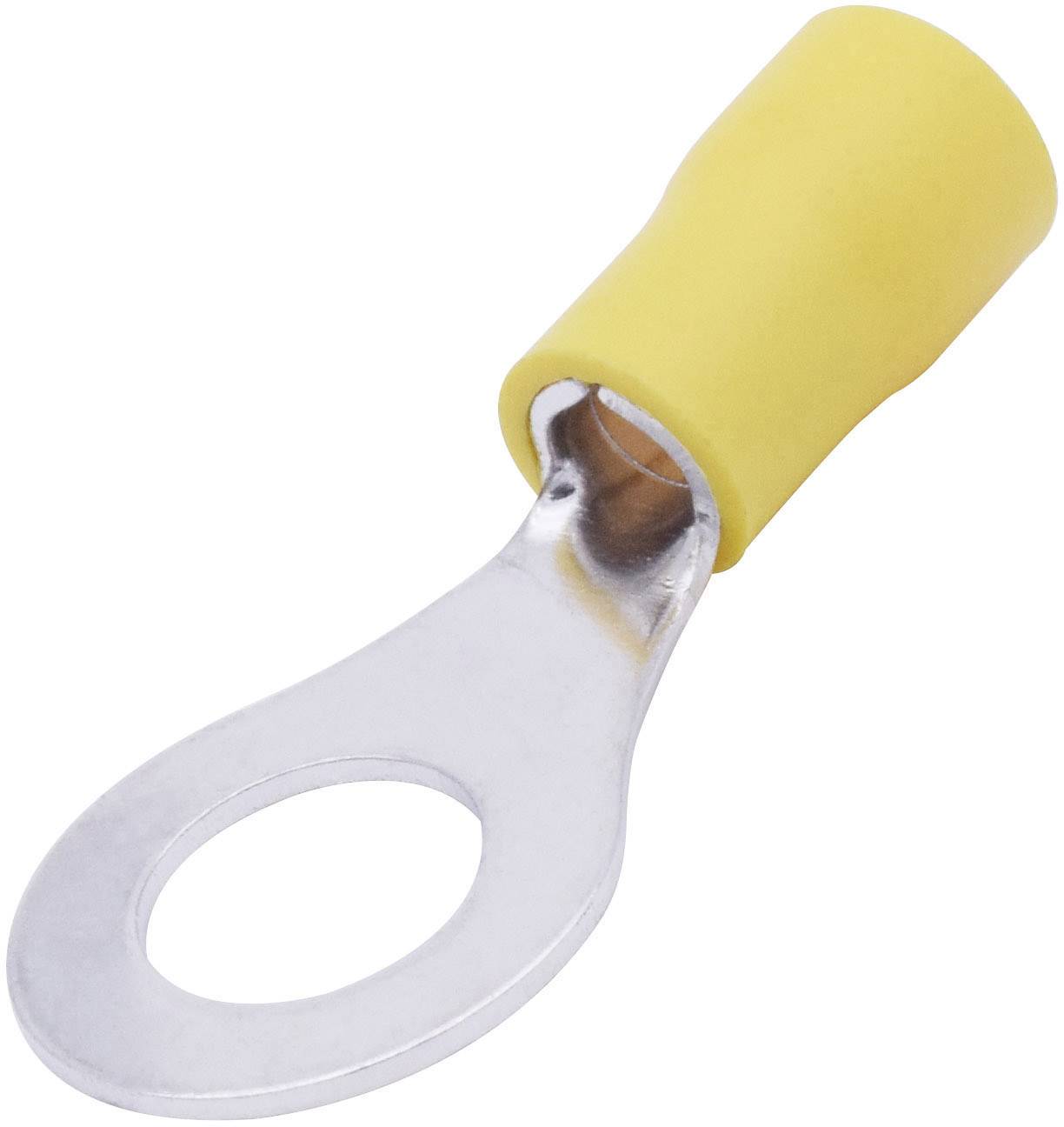 Un capocorda ad anello giallo con isolamento e staffa metallica per fissare i cavi a un punto di connessione.