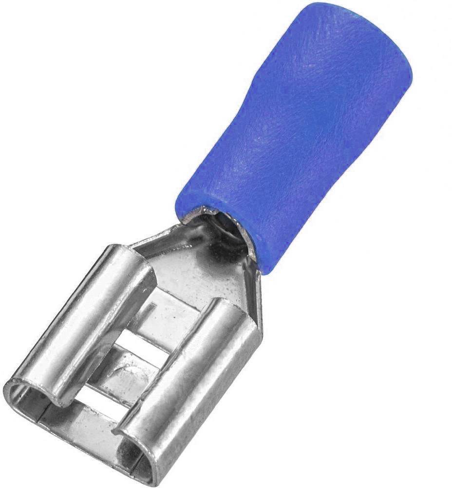 Un connettore piatto blu con attacco metallico, comunemente utilizzato per stabilire un collegamento elettrico sicuro tra cavi.