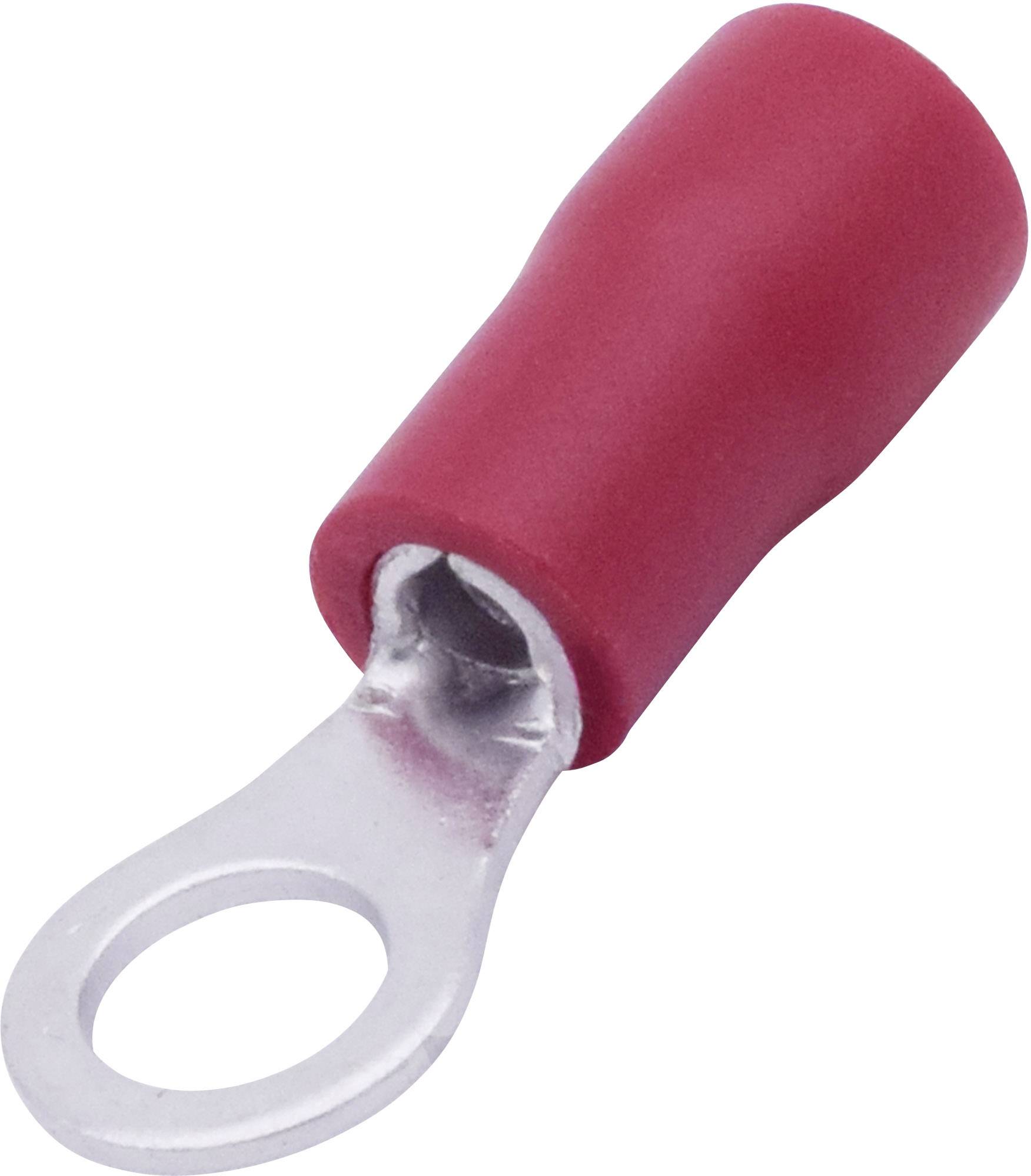 Cavo terminale rosso con collare isolato e occhiello metallico. Utilizzato per il collegamento sicuro delle estremità dei cavi con morsetti elettrici.