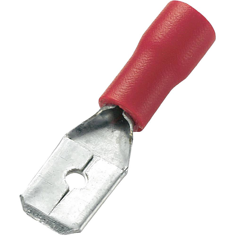 Un singolo capocorda metallico con guaina rossa per il collegamento elettrico dei cavi.