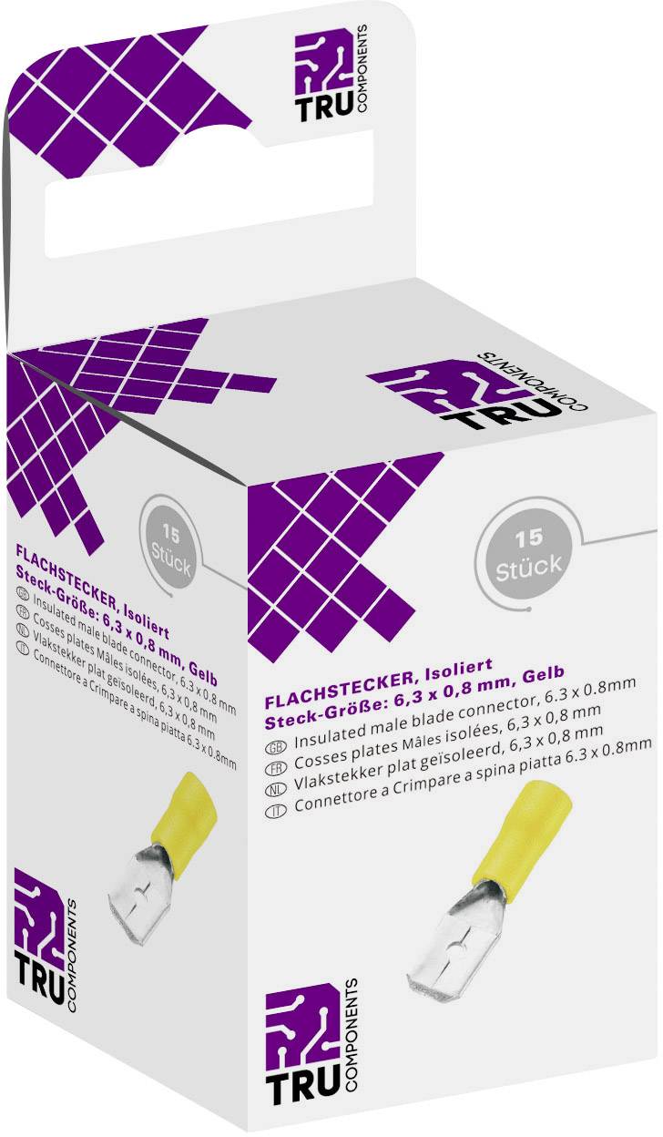 TRU COMPONENTS T1904C111 Assortimento spine piatte Larghezza spina: 6.30 mm Spessore spina: 0.80 mm 180 ° Parzialmente isolato Giallo 15 pz.
