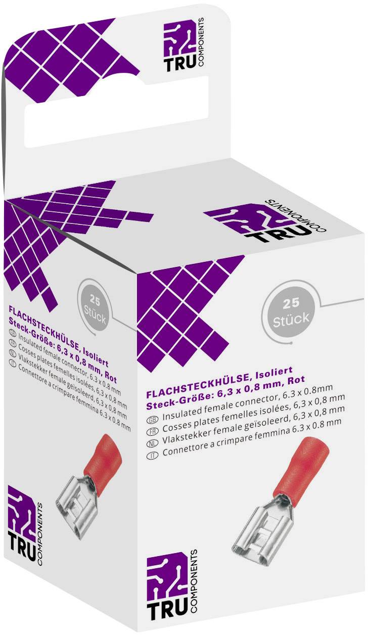 'Confezione con 25 capicorda isolati piatti. Dimensioni: 6,3 x 0,8 mm. Adatti per connessioni di cavi. Colore: Rosso.'