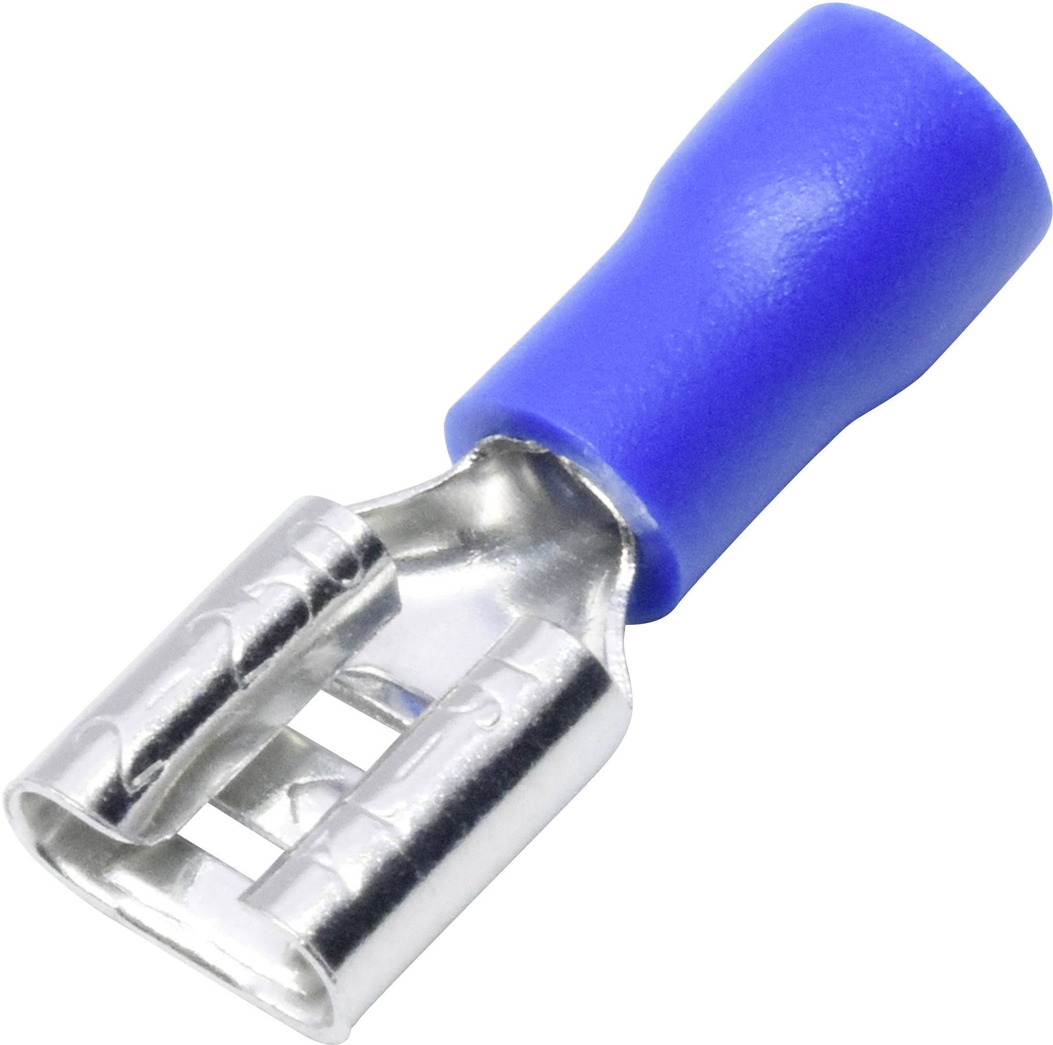 Un connettore piatto isolato, blu, in metallo e plastica, viene utilizzato per un collegamento elettrico sicuro.