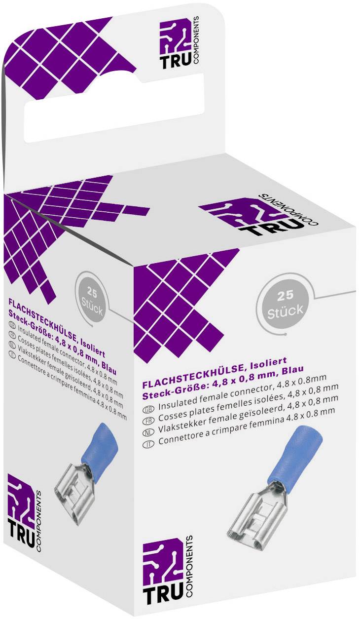 Un imballaggio con 25 capicorda blu isolati di TRU Components delle dimensioni 4,8 x 0,8 mm.