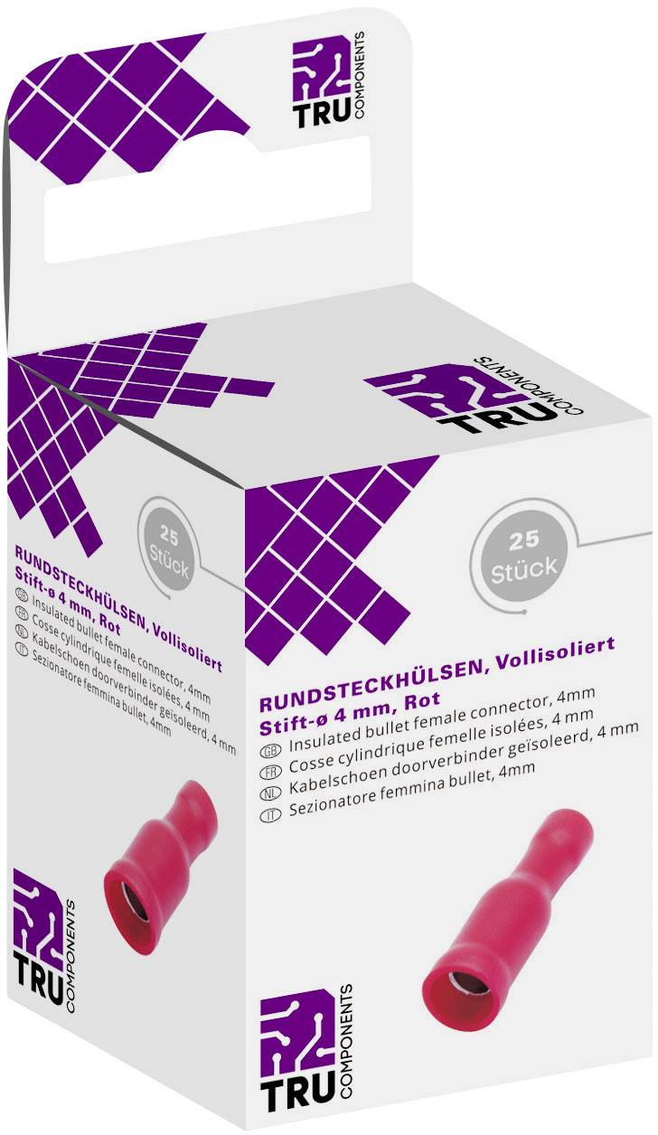 Confezione di 25 capicorda rotondi completamente isolati, 4 mm, rossi, di TRU Components. Utilizzati per connessioni elettriche.