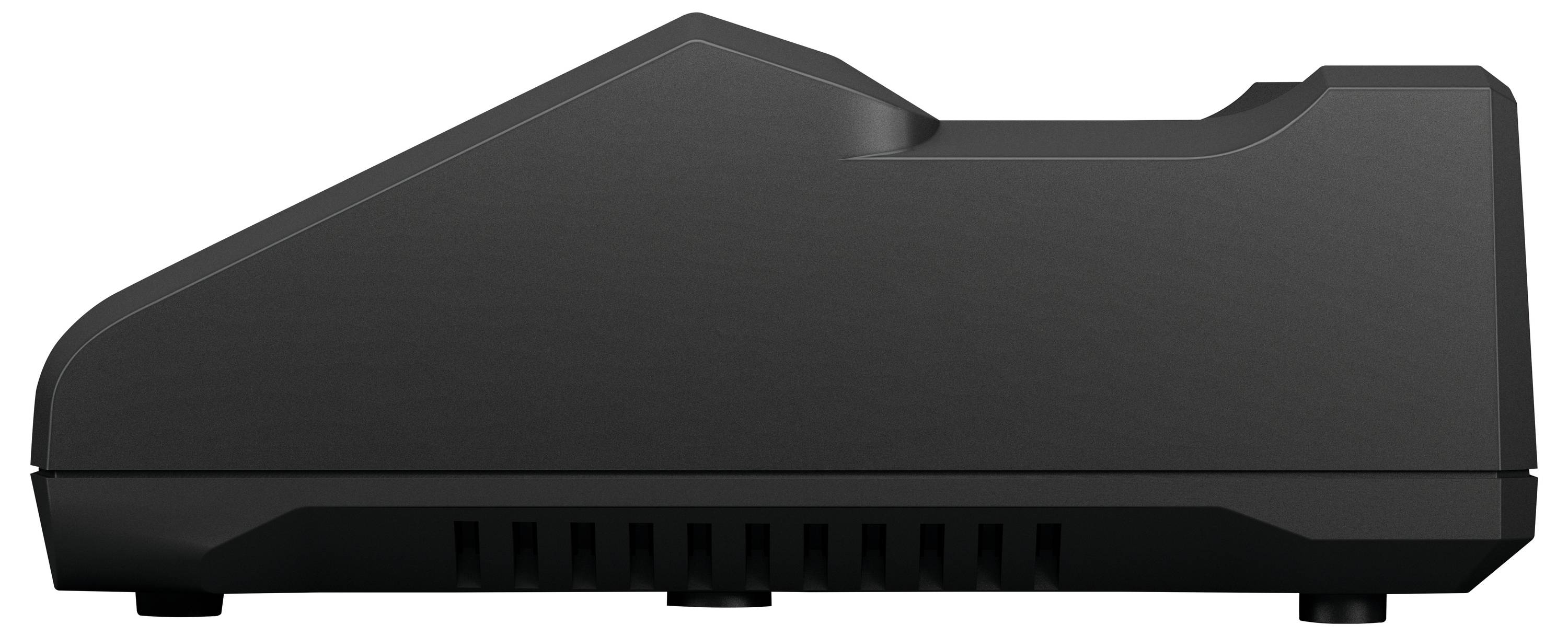 Un'immagine laterale di una stazione di ricarica nera con forma arrotondata e fessure di ventilazione.