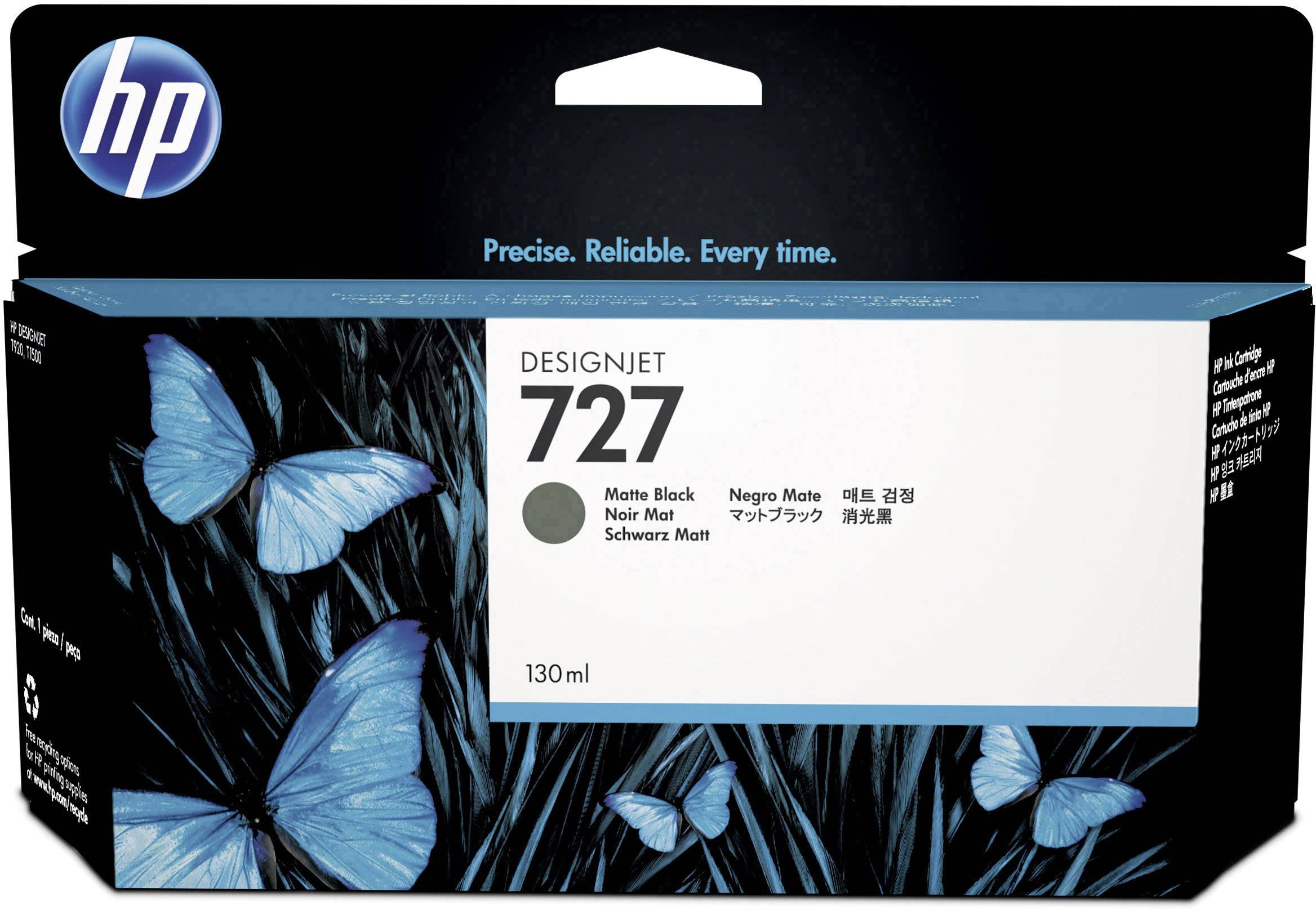 'HP DesignJet 727' Cartuccia d'inchiostro, nero, 130 ml. Motivo di farfalla blu sulla confezione. Testo: 'Preciso. Affidabile. Ogni volta.'