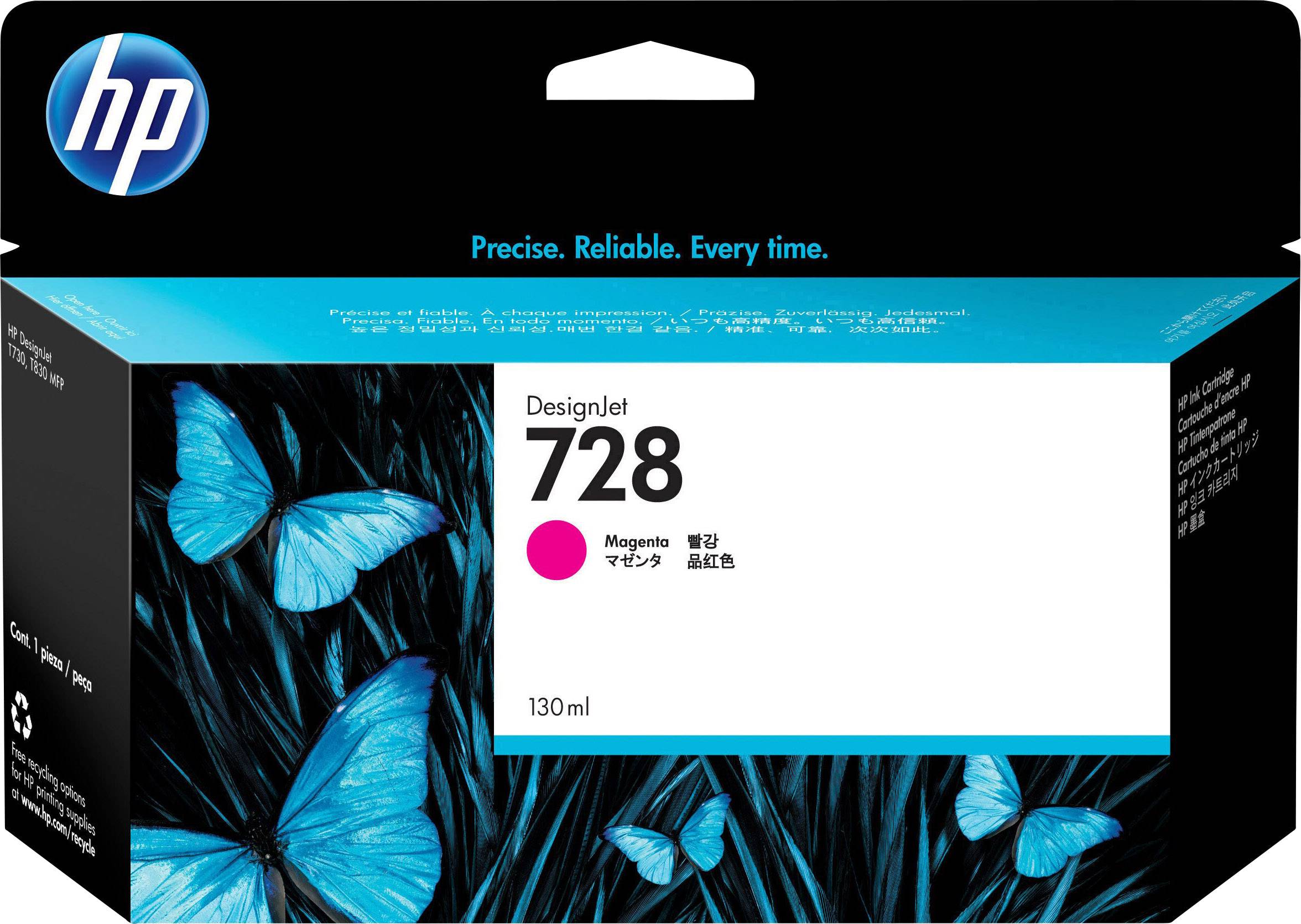 Cartuccia d'inchiostro HP DesignJet 728 in Magenta, 130 ml. La confezione presenta farfalle blu come decorazione.