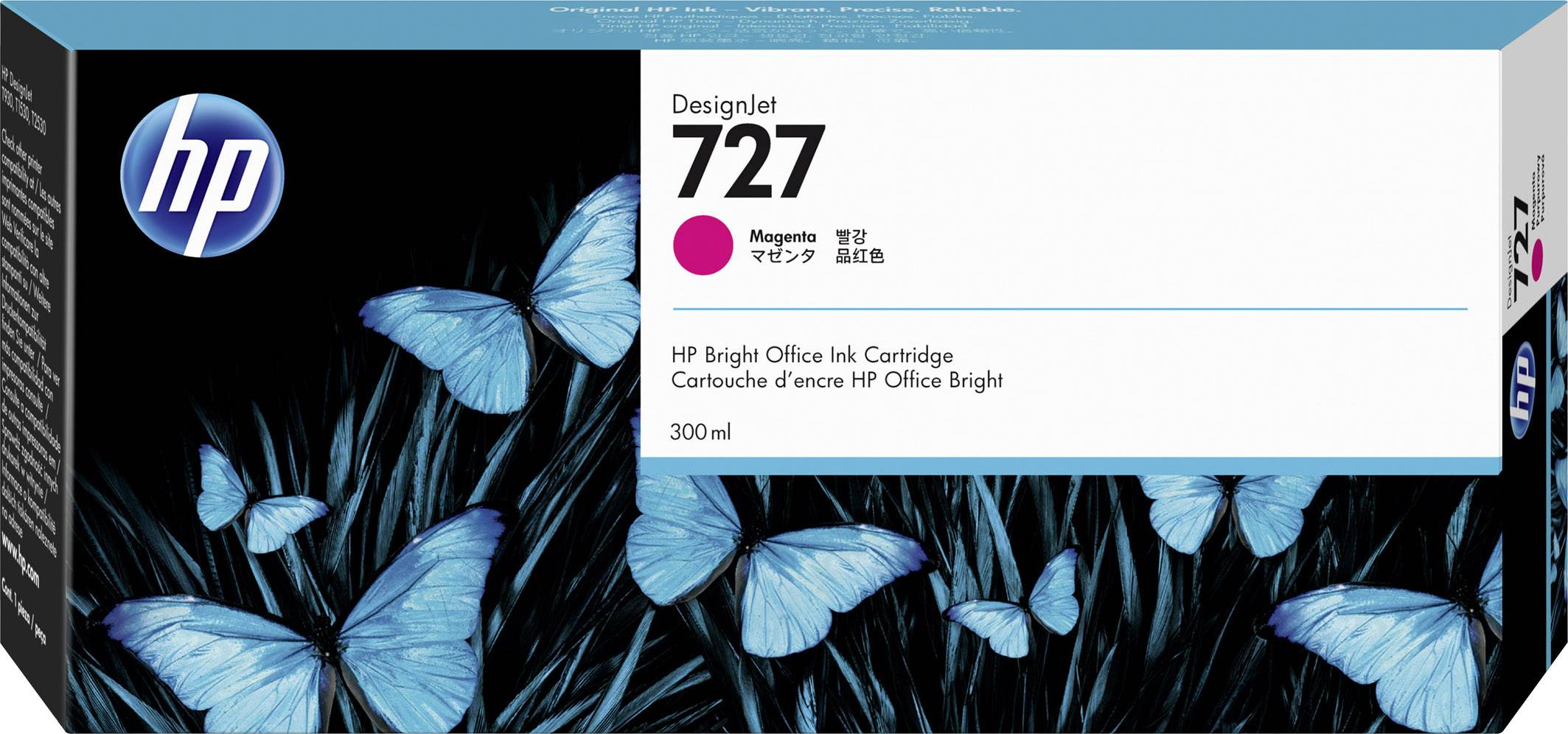 Cartuccia d'inchiostro HP DesignJet 727, Magenta, 300ml, farfalle blu su sfondo nero. Confezione con logo HP.