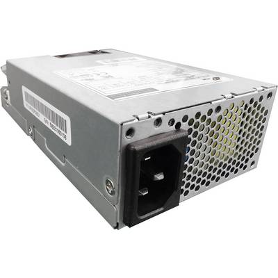 Un alimentatore rettangolare d'argento con griglia di ventilazione e connettore di alimentazione. Serve per l'alimentazione elettrica di dispositivi elettronici.