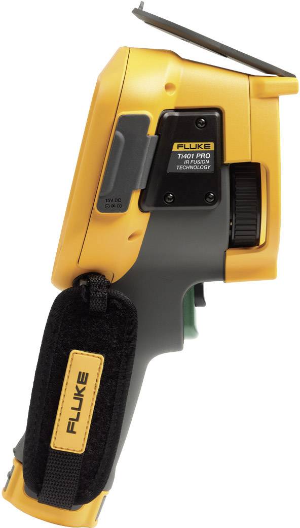 Fotocamera termica portatile in vista laterale, giallo-nero, con cinghia di trasporto, che mostra il nome del marchio e il numero del modello sul lato.