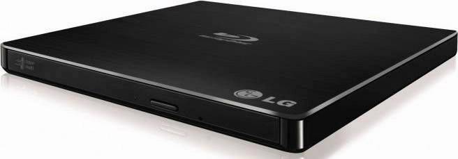 Masterizzatore LG Blu-ray esterno con involucro nero, design sottile con sportello per il caricamento del disco sul lato anteriore.