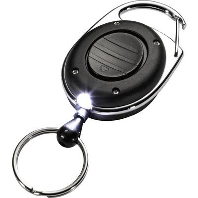 Portachiavi con torcia LED nera a forma quadrata con clip metallica, con fascio luminoso attivato che illumina intensamente.