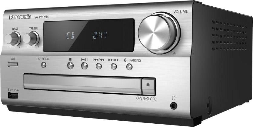Sistema stereo CD Panasonic argentato con controllo del volume, display CD e comandi sul pannello anteriore. Riproduzione CD in corso.