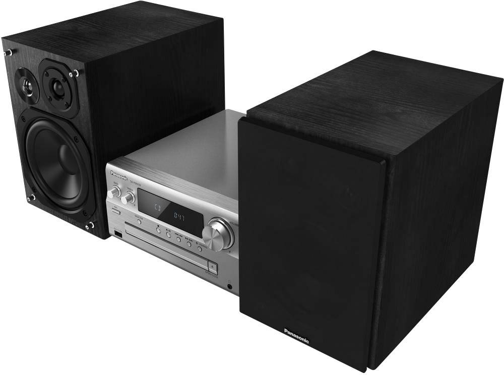 Sistema audio compatto con due altoparlanti neri e un'unità centrale argentata che mostra un orario di '0:01'.