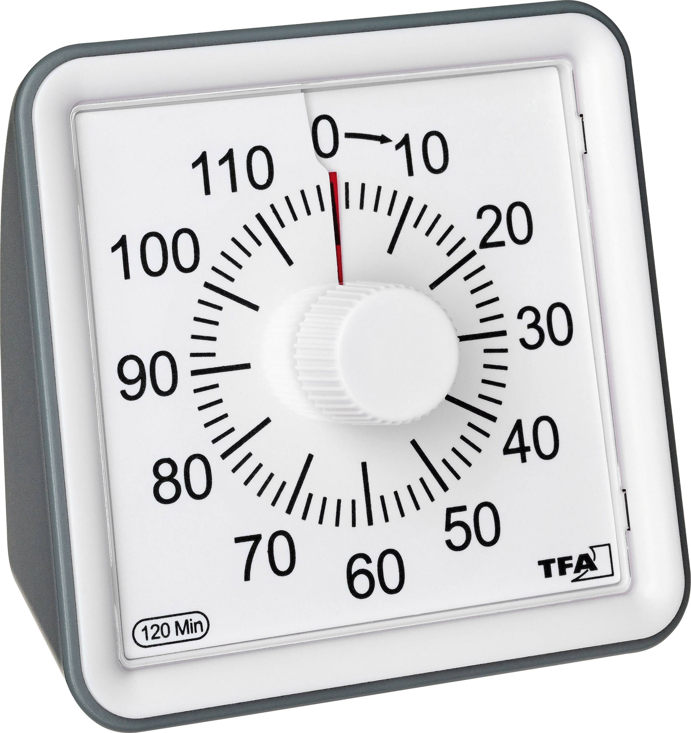 Timer da cucina analogico con manopola girevole, indica 60 minuti. Numeri da 0 a 120 intorno al quadrante.