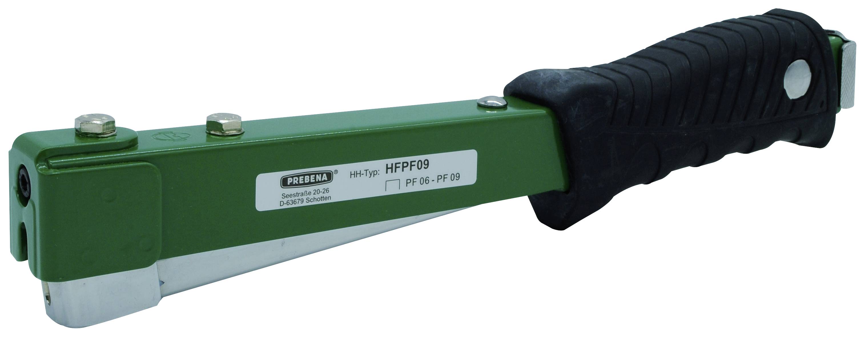 Un tacker verde con impugnatura nera, modello HFHPF09, viene utilizzato per fissare rapidamente materiali con punti metallici.