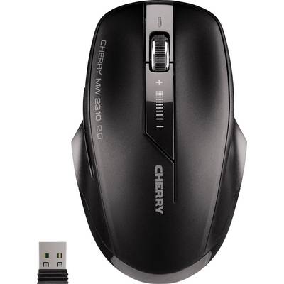 Mouse wireless nera 'CHERRY MW 2310 2.0' con rotella di scorrimento, tasti più e meno, e ricevitore USB accanto.