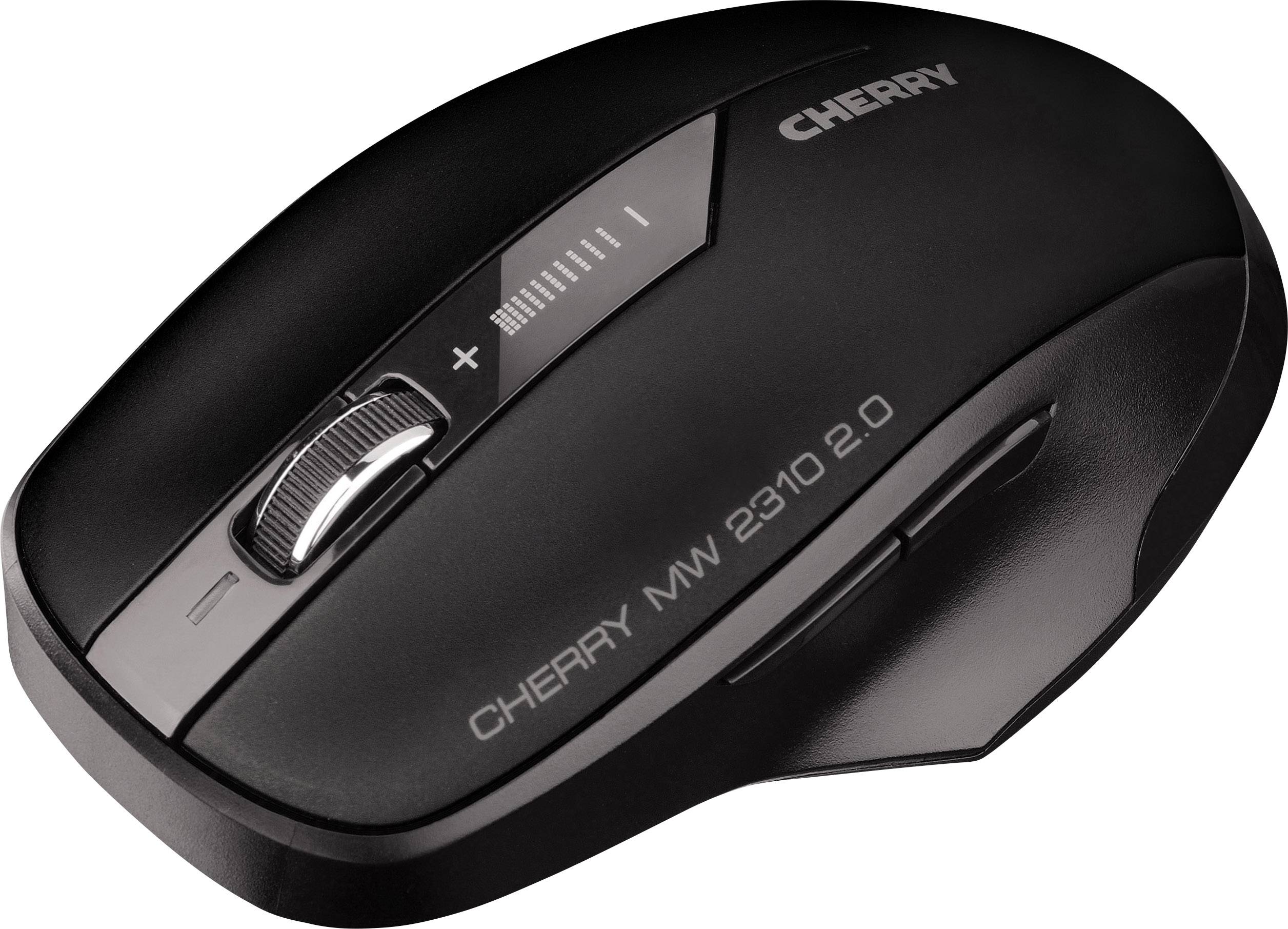 Un mouse nero wireless con due tasti laterali, rotella di scorrimento e tasti di regolazione DPI. Nome del marchio 'CHERRY MW 2310 2.0' visibile.