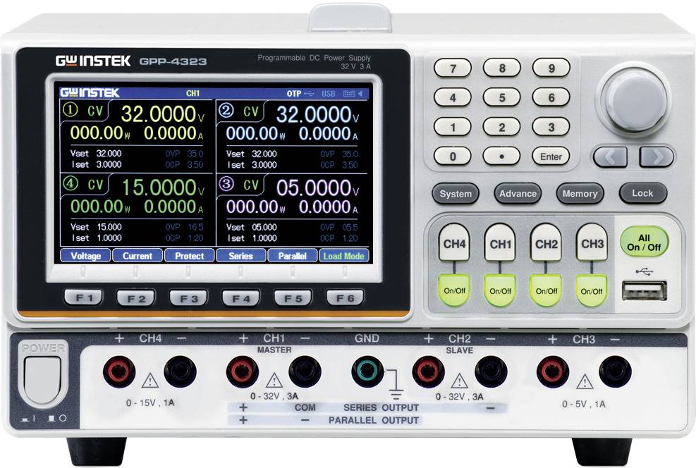 Un dispositivo di alimentazione digitale con quattro display che mostrano tensione, corrente e potenza per quattro canali.