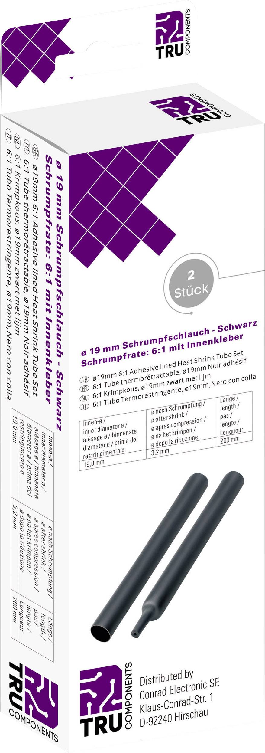 Confezione per guaina termorestringente nera da 19 mm con rapporto di restringimento 6:1. Contiene 2 pezzi. Descrizione del prodotto e logo del produttore visibili.