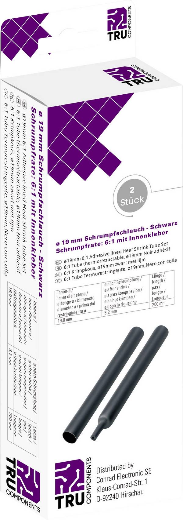 TRU COMPONENTS T1904CA047 Termoretraibile con colla Nero 19 mm 3.10 mm Restringimento:6:1 2 pz.