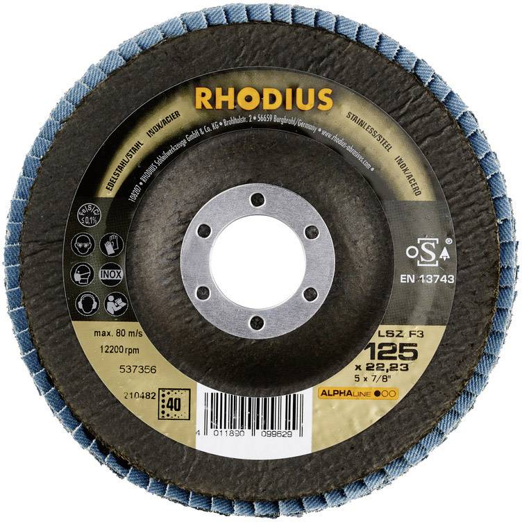 'Lamiera lamellare rivestita Rhodius, modello LSZ F3, diametro 125 mm, velocità massima di esercizio 12200 giri/min, adatta per acciaio inossidabile.'