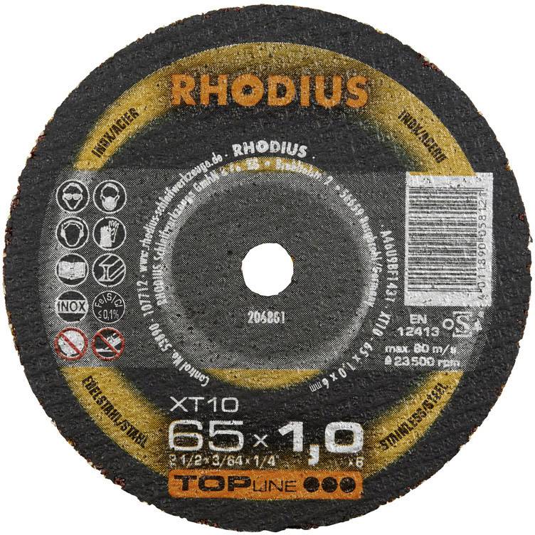 Disco abrasivo Rhodius con specifiche: XT10, 65x1,0 mm, max. 80 m/s, 23500 giri/min. Simboli per indicazioni sui materiali e sulla sicurezza.