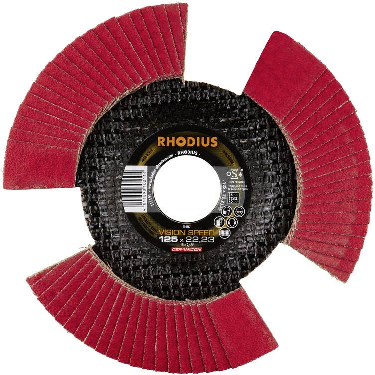Un disco lamellare rosso del marchio Rhodius con la scritta 'VISION SPEED 125x22.23'. Adatto per lavori di levigatura su diversi materiali.