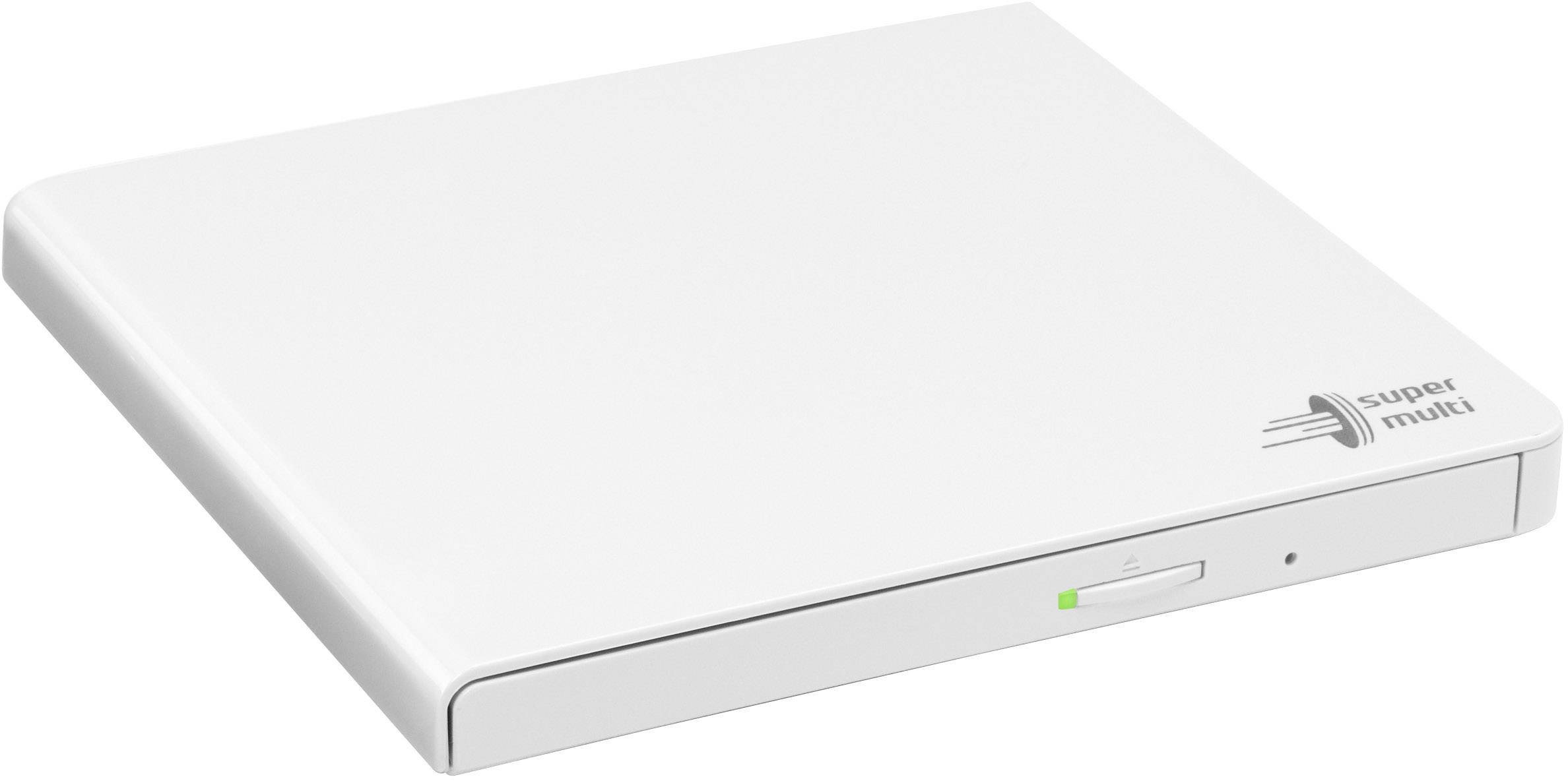 Lettore DVD esterno bianco con design sottile e rettangolare e logo del marchio 'Super Multi' nell'angolo superiore.