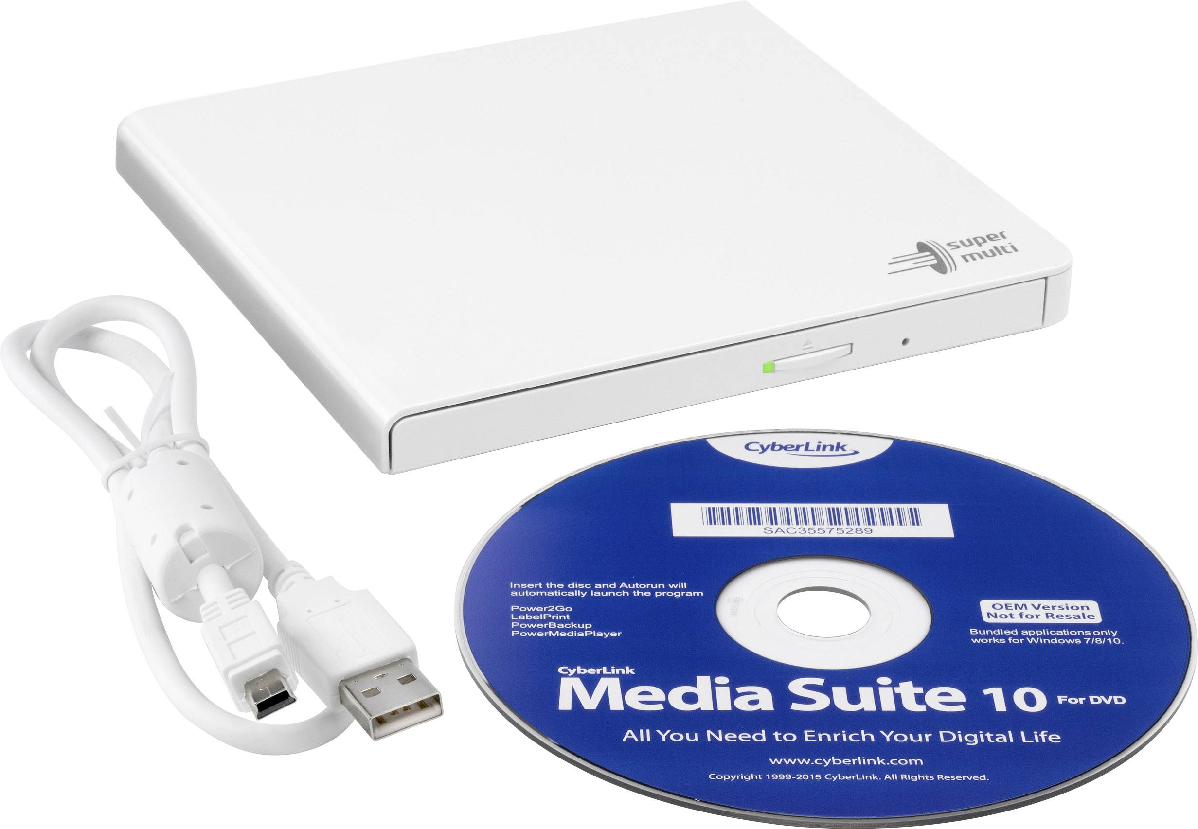Masterizzatore DVD esterno con cavo USB e CD software 'CyberLink Media Suite 10', per la gestione e la creazione di media.