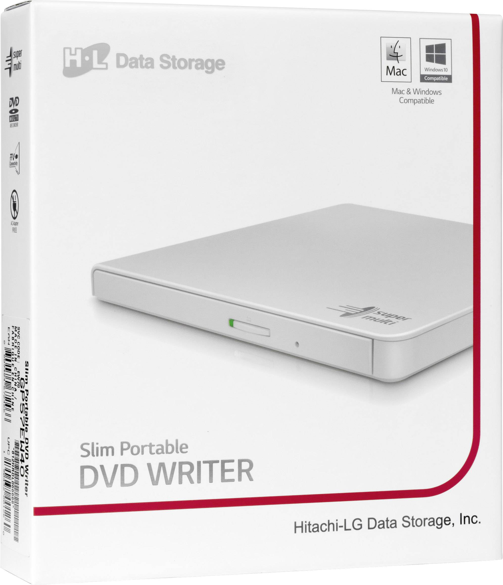 Un imballaggio di un masterizzatore DVD portatile Slim di Hitachi-LG Data Storage, compatibile con Mac e Windows.