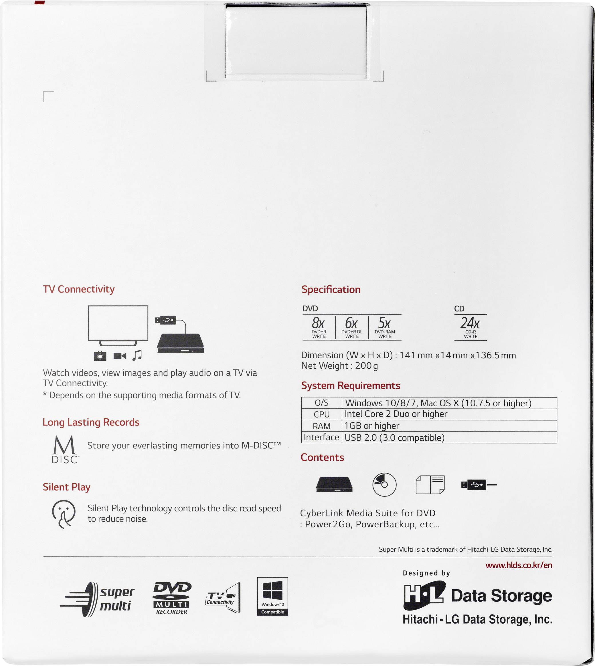 Confezione di masterizzatore DVD esterno. Mostra la connettività TV, le specifiche e i requisiti di sistema. Loghi dei marchi visualizzati in basso.
