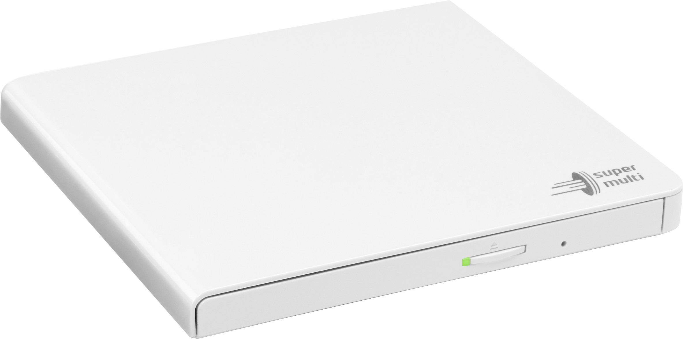 Un masterizzatore DVD esterno bianco e sottile, con la scritta 'super multi' sul lato frontale.