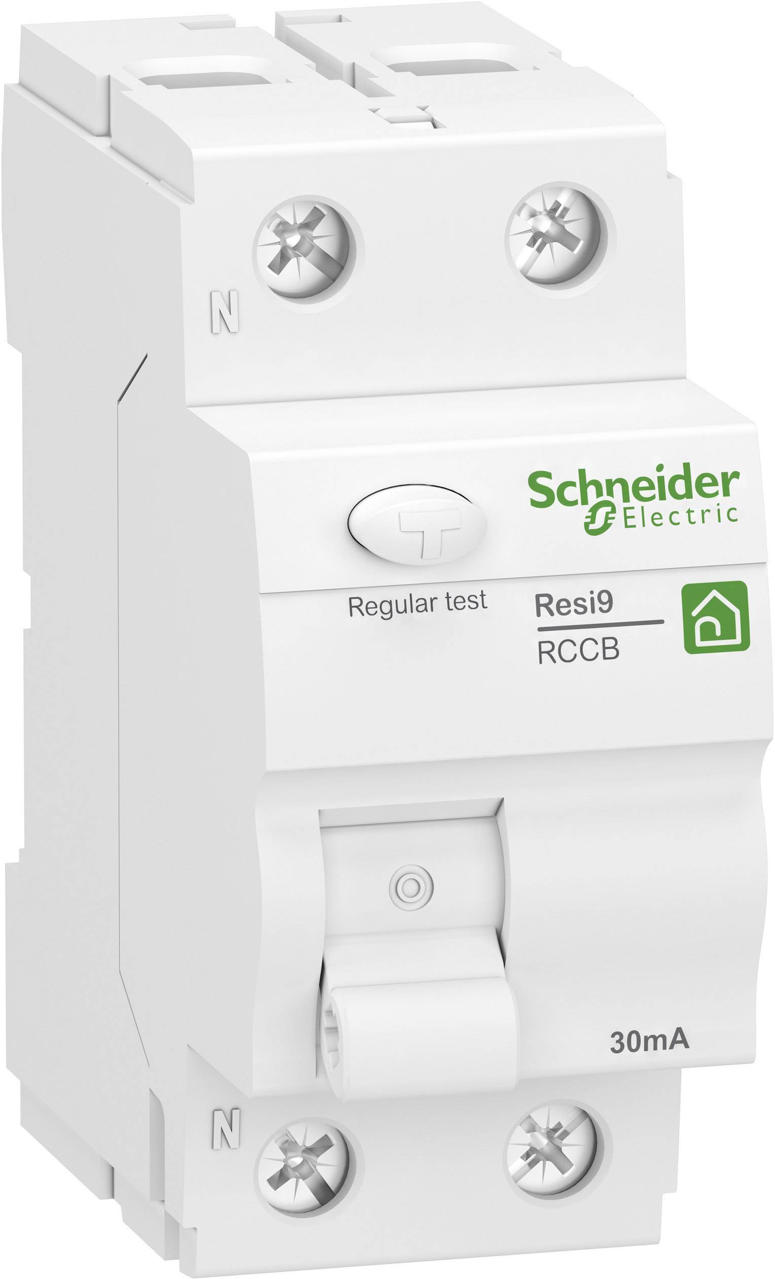 Interruttore differenziale di Schneider Electric con la scritta 'Resi9 RCCB', simboli N e L e pulsante di test.