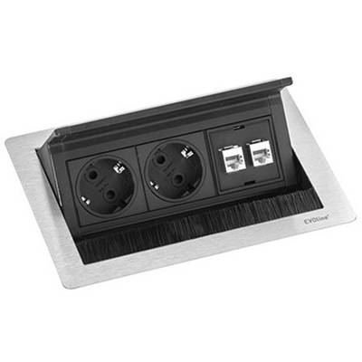 Multipresa da incasso con due prese Schuko e due porte di rete, integrata in un telaio rettangolare in acciaio inox.